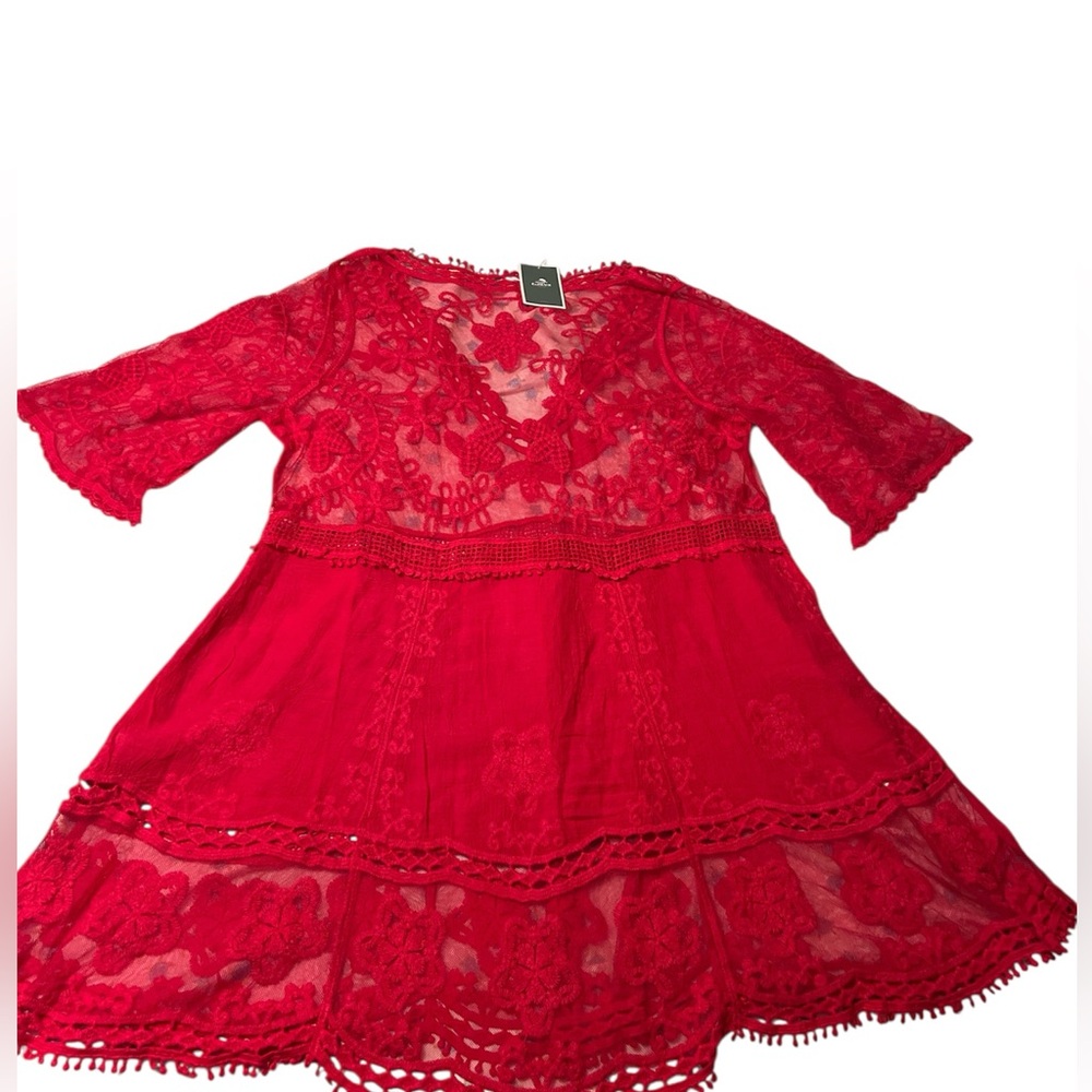 NWT Pink Lace Bathing Suit Swimsuit Cover Up Loose bell sleeves measurements - Picture 15 of 16